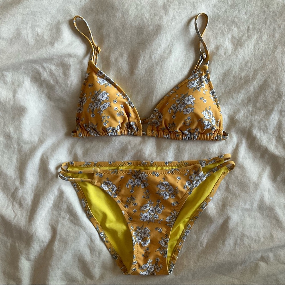 Daze Dayz Canary Yellow Floral String Bikini Top and Bikini Bottom